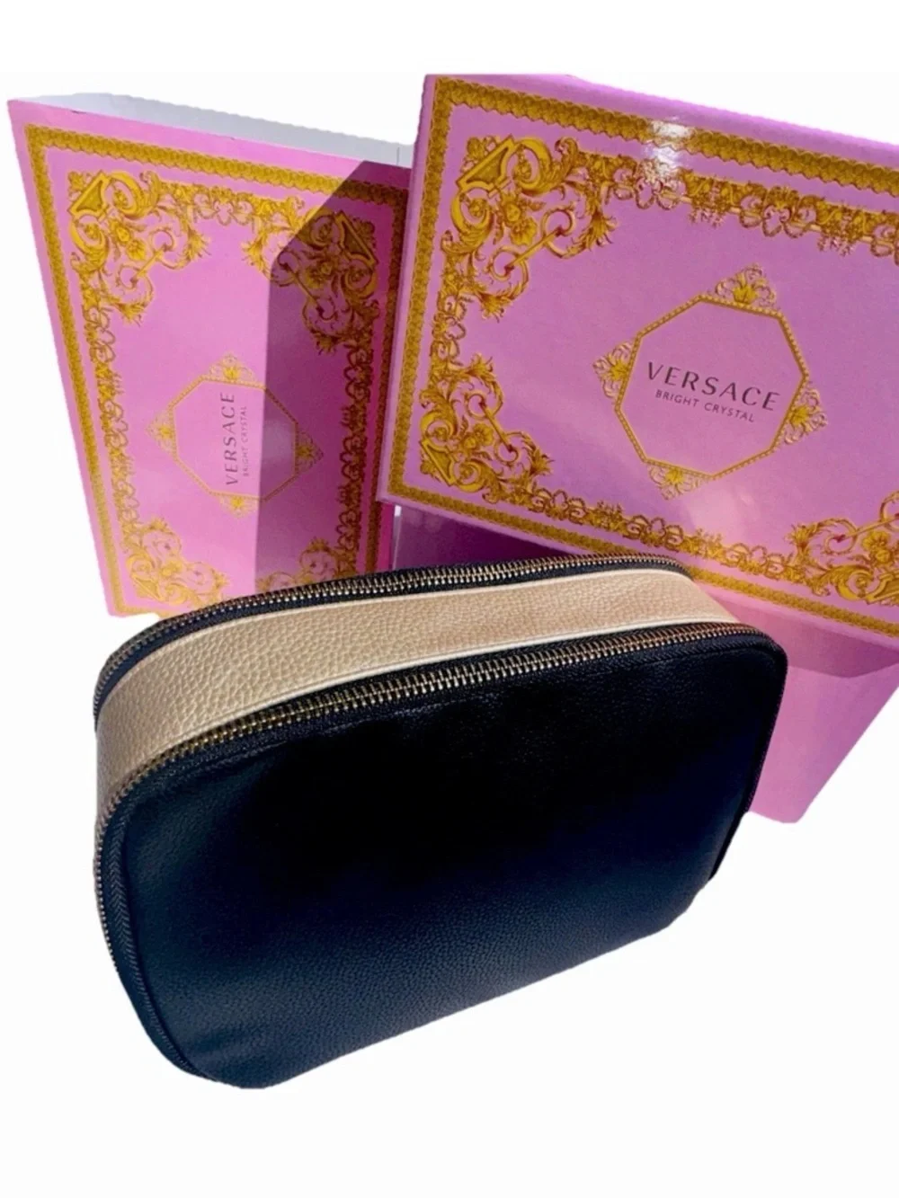 New Versace Parfums Black Gold Medusa Cosmetic Bag Wristlet Travel Case with Box